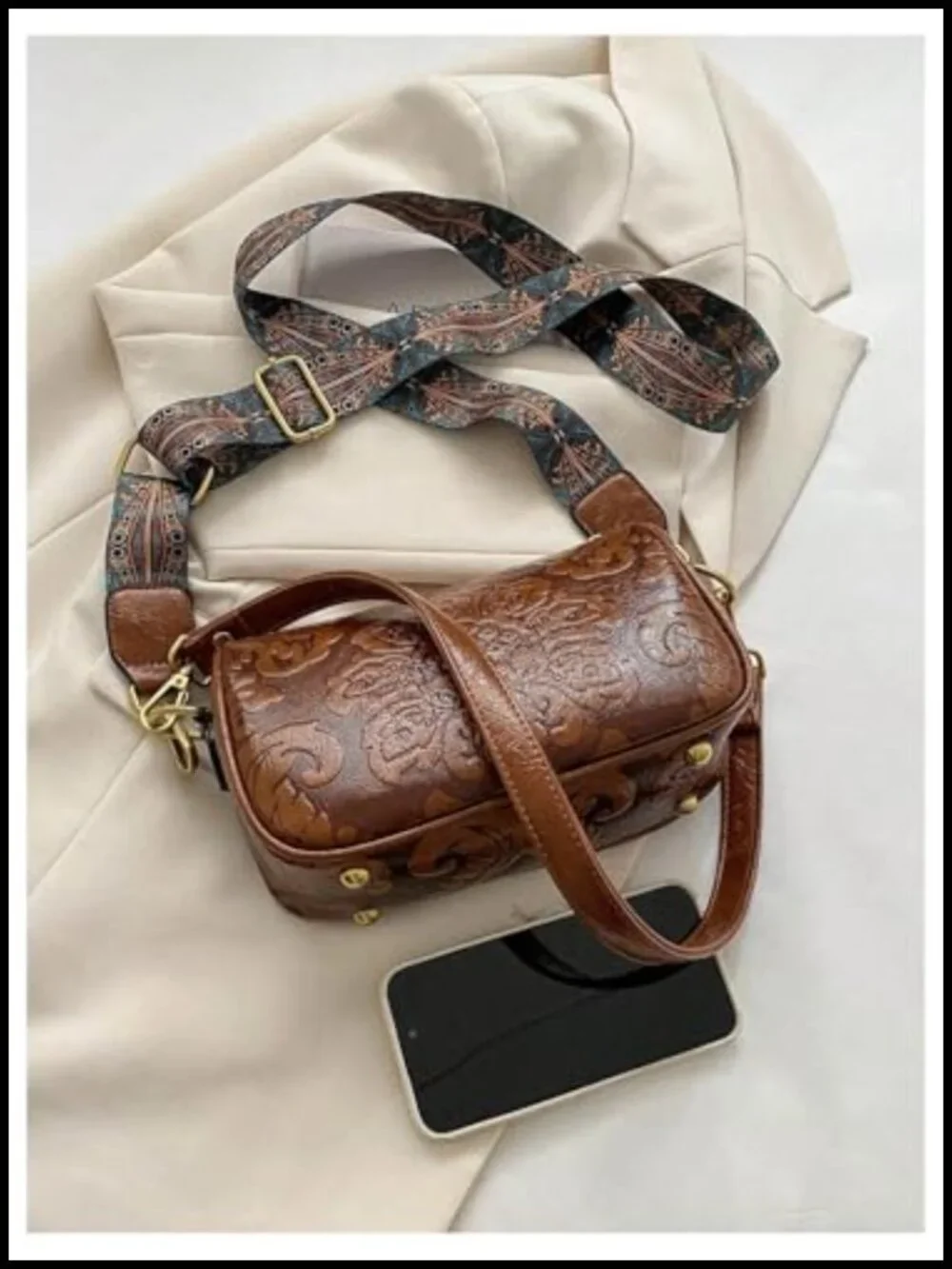 Vintage Western Floral Tooled Leather Crossbody Hobo Purse Square Country